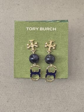 Tory Burch Gold and Navy Bead Drop Logo Earrings